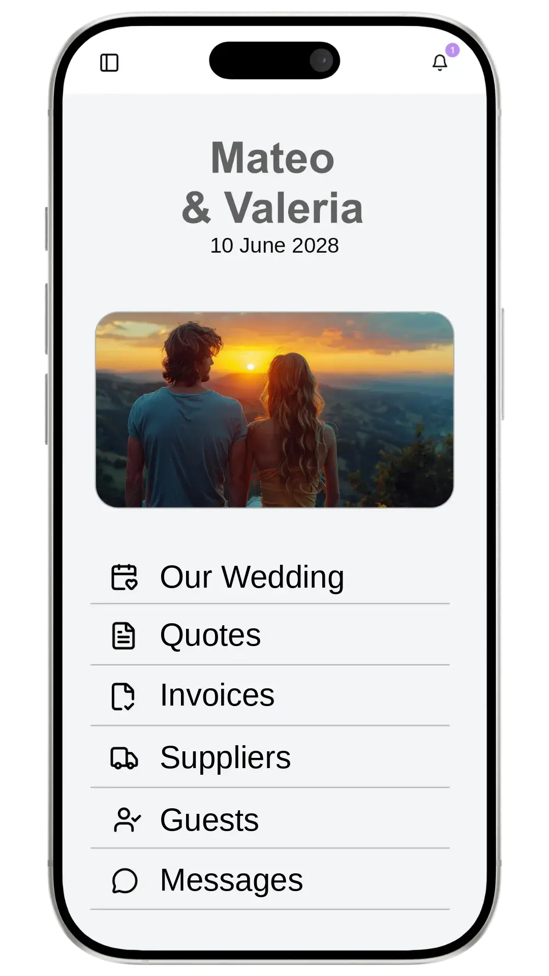 The couple's private space in BOBAVEN on a mobile: their wedding, quotes, invoices, suppliers, guests and messages